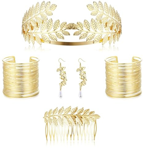 LOLIAS Greek Goddess Costume Accessories Set for Women Golden Laurel Leaf Crown Headband Upper Arm Cuff Coil Bracelet Pearl Leaf Earring Bridal Wedding Headpiece Gold Costume Jewellery for Women