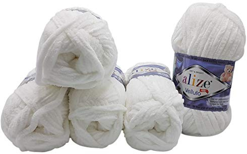 5 x 100 Gramm Ilkadim Export Velluto Strickwolle, Babywolle, 500 Gramm Strickgarn Super soft Bulky (weiss 55)