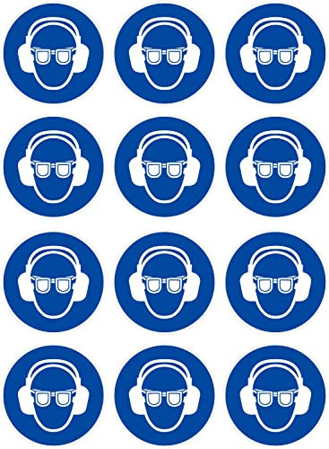 Gehörschutz Und Augenschutz Benutzen Aufkleber 12 Stück Vinyl Sicherheitsaufkleber Schutzbrille Selbstklebende Karte Sticker TK-060