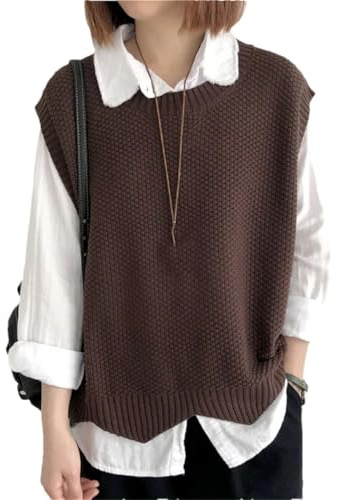 Damen Baumwoll-Weste mit Rundhalsausschnitt, ärmellose Pullover/Jumper, große lockere Strick-Baumwollweste, coffee, Einheitsgröße