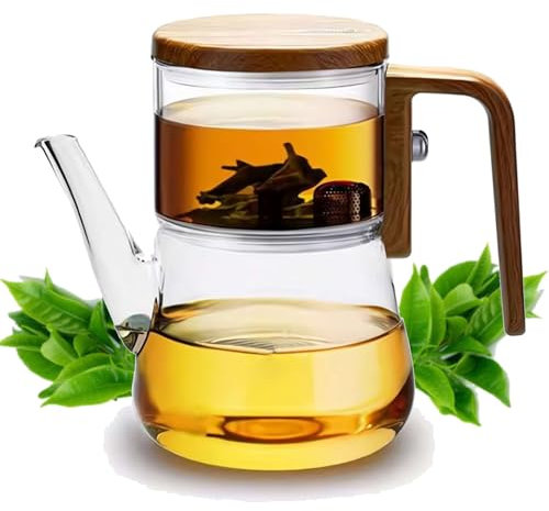 Enchantipot - Tetera de Vidrio con Separación de Agua con Mango de Madera, Control de Prensa y Colador, Diseño Especial (740 ml)