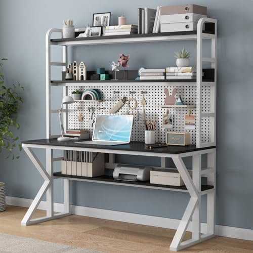 Computertisch aus Massivholz mit Ablagen und Stecktafel, moderner Schreibtisch für Zuhause, Büro, Arbeitszimmer, großer, stabiler Schreibtisch für Produktivität und Produktivität