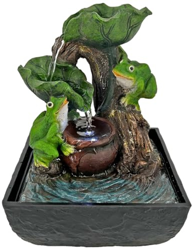 abc HOME LED Zimmerbrunnen Frösche – Kleiner Tischbrunnen mit Beleuchtung – Mini Wasserfall aus robustem Polyresin – Dekobrunnen für Büro & Zuhause – 19 cm Hoch