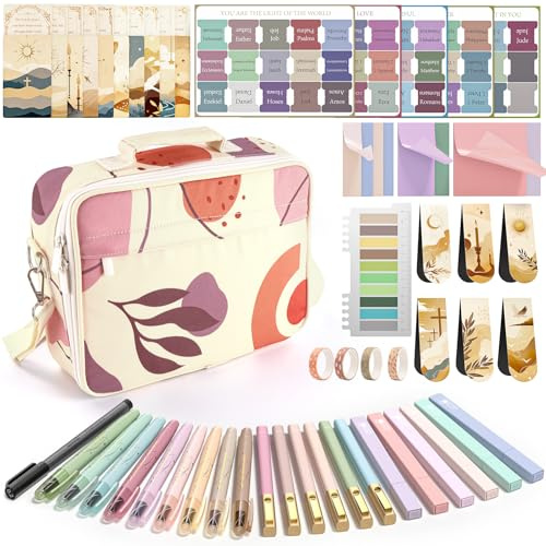 WEMATE 76 Bibelstudienzubehör mit Bibeletui, 15 Textmarkern, Kugelschreibern, Washi-Tapes, Registerkarten, Haftnotizen und Gebetskarten, für Bibel Journaling Zubehör, christliche Geschenke für Frauen