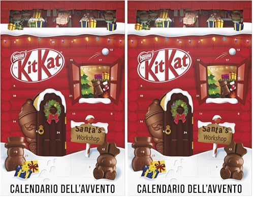 NESTLÉ KITKAT Adventskalender Schokolade mit 3D-Effekt, Weihnachtskalender mit 24 Schokoladenfiguren und Kugeln mit Knusperstückchen, 2er Pack (1 x 208g)