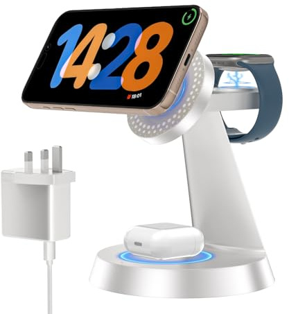 slitinto 3 in 1 Induktive Ladestation für Magnetische, Kabellose Ladegerät Tragbare, Schnelle Wireless Charger Stand für iPhone 16/15/14/13/12, AirPods Pro 4 3 2 Apple Watch (Inklusive Adapter)-Weiß