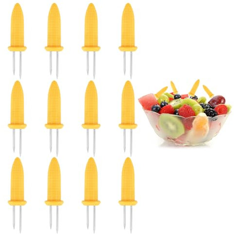 Lot de 12 Mini Fourchette à Fruits Adultes, Fourchette Acier Inoxydable Motifs Maïs Réutilisables Accessoires de Fête pour Déjeuners Gâteau Desserts Fruits Bento (6 cm)