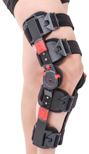 Hinged ROM Knee Brace with Side Stabilizers, Adjustable Post Op Knee Support Orthosis Immobilizer for ACL, PCL and MCL Injury, Medical Knee Orthopedic Support, Leg Stabilizer for Left or Right Leg, Men and Women (Red)