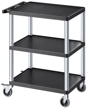 VEVOR Carro Multiusos, Carro de Servicio de Plástico Resistente de 3 Estantes 695 x 460 x 825 mm con Ruedas Giratorias de 360° (2 con Frenos), Carga de 136 kg, para Almacén, Garaje, Negro