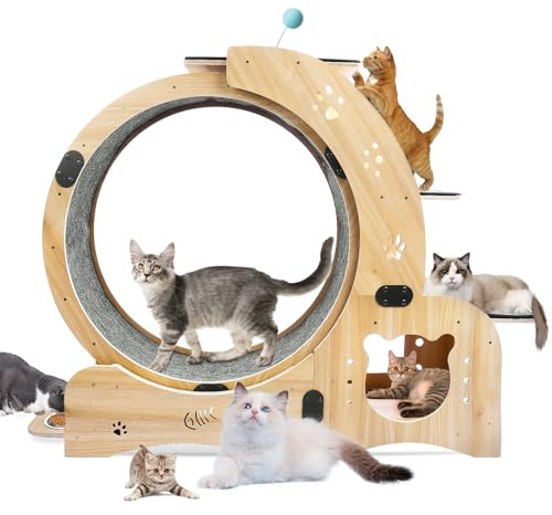 Ruedas para gatos de interior, rueda de ejercicio 6 en 1 con rueda giratoria silenciosa, cinta de correr grande y duradera para gatos y rueda de correr, para interiores (madera natural)