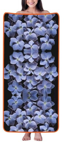POEZJZW Serviette imprimée hortensia mauve en velours corail très absorbante pour hôtels, salles de bains, douches, spas, 68,6 x 140 cm, ourlet orange