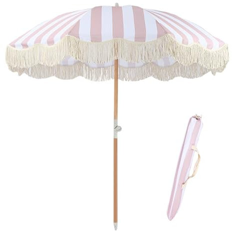 YCBTPS Ombrellone Parasole in Legno, 2m Ombrellone da Spiaggia con Frange, 8 Stecche in Fibra di Vetro, Inclinabile Rotondo Ombrellone Hawaiano per Esterni
