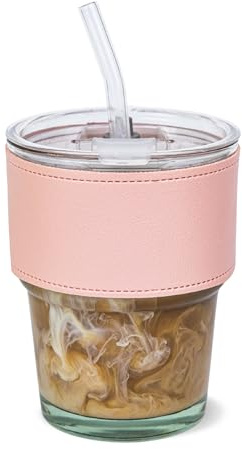 Glass Coffee Cup with Lid, Straw and Protective Sleeve, Clear Borosilicate Travel Mug for Hot and Cold Drinks, Iced coffee cup for Espresso, Latte, Cappuccino, Tea 350ml (Transparent Cup, Pink Sleeve)