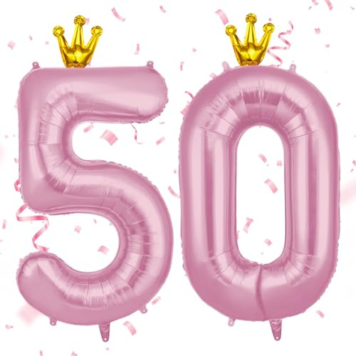 AOOSU 50-årsballong, rosa krona, folienummerballong 101 cm, uppblåsbar helium, 50-årsdekoration, stora ballonger för fest, bröllop