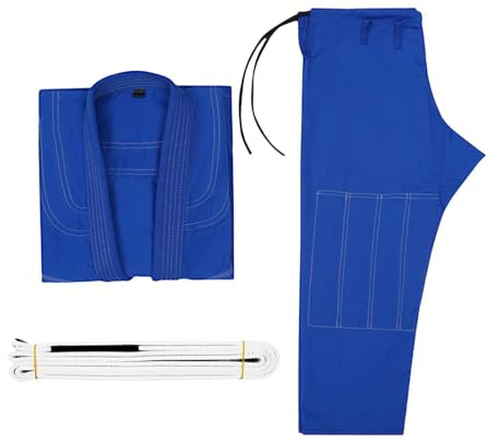 lopituwe Jiu Jitsu-dräkt, midjebälte, tillverkad av polyester, andningsbar, bekväm och lätt, gi för barn, kampsport, brasiliansk jiu jitsu-gi, turnerings-kimono-uniformer, Blå, A1
