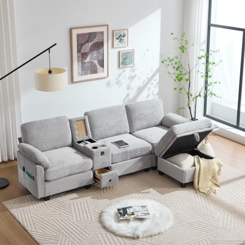 vutizal Modernes 3-Sitzer Cord Sofa mit Verschiebbarer Konsole & USB-C – Funktionssofa mit XXL-Komfort, Integriertem Stau-Hocker und Ladestation in Hellgrau fürs Wohnzimmer