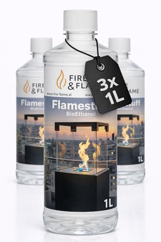 Bioethanol Flamestuff 96,6% Ultra Premium – 3 x 1 L Kamin Brennstoff - BioEthanol – Rauchfrei & Geruchsarm – Für Ethanol Kamin, Wandkamin & Tischkamin – Indoor & Outdoor Feuerstellen (3 Liter)