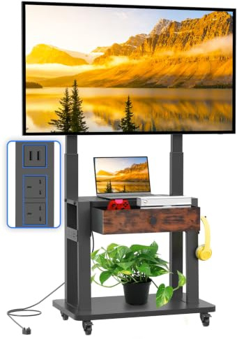 Maiproo Support TV à roulettes avec prise pour écrans plats/incurvés de 32 à 75 pouces jusqu'à 100 kg (LCD/LED/OLED) Meuble TV mobile avec tiroir en tissu et roulettes, hauteur réglable, idéal pour le