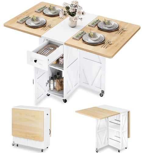 Jocoevol Table à Manger Pliante sur roulettes, Table De Cuisine avec Tiroir Et Espace De Rangement pour 2 À 4 Personnes, Idéale pour Petits Espaces, Salles À Manger Et Cuisines (Érable Blanc)