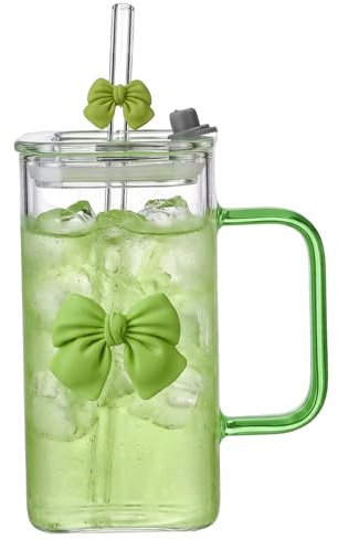 Elyebxj Graziose tazze di vetro, bicchiere di vetro con cannuccia e coperchio, tazza quadrata decorata con fiocco con manico, resistente al calore, verde