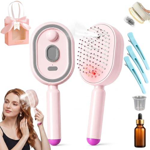 Cepillo alisador con vapor de pelo 3 en 1 con vaporizador - Plancha pelo viaje y cepillo alisador a vapor para pelo rizado, ondulado y liso, peine eléctrico antiestático para mujer (Rosa)