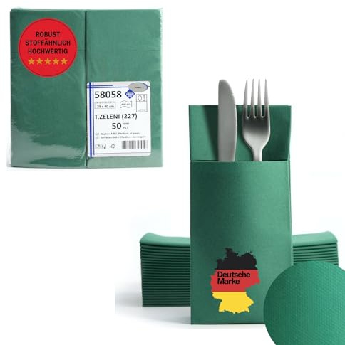 AROBA 100 Stück Vorgefaltete Airlaid Besteckservietten - 39x40 cm Stoffähnliche Einweg-Bestecktaschen mit Serviette, Robust & Besonders Saugstark - für Catering, Events, Hotel & Party - Grün