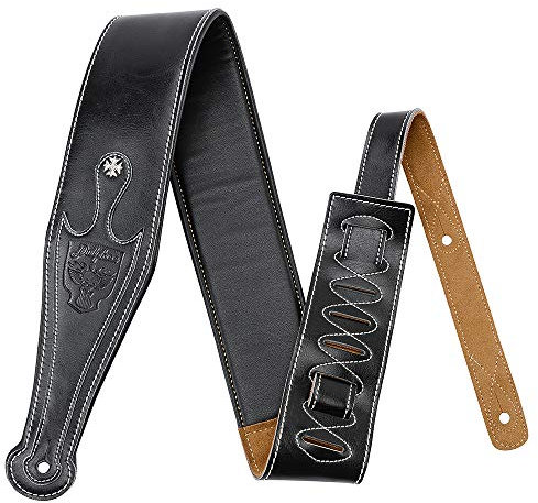 Dulphee Gitarrengurt aus Leder, 8 cm, echtes Leder, mit Wildleder und Leder gefüttert, für Bass, E-Gitarre und Akustikgitarre (schwarz)