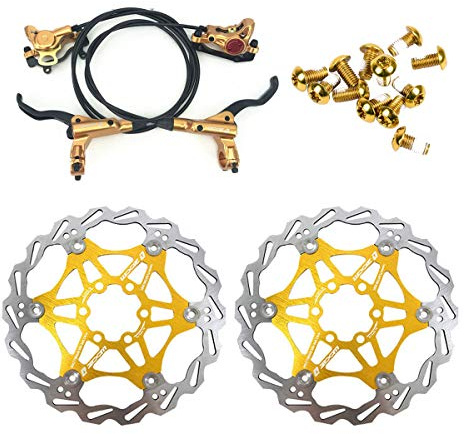 Zoom Hydraulic Disc Brakes Mountain Bike Sets MTB Front & Rear Set with Floating Disc Rotor 160mm & Color Bolts (Gold)