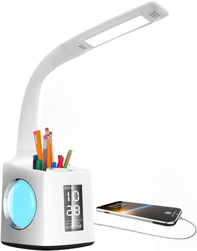 VAZILLIO LED Schreibtischlampe Dimmbar Stifthalter 10W Nachttischlampe mit Schwanenhals, Tischleuchte mit LCD Display,kalender, Wecker Temperaturerfassung Leselampe Weihnachtsgeschenke … (Weiß-1)