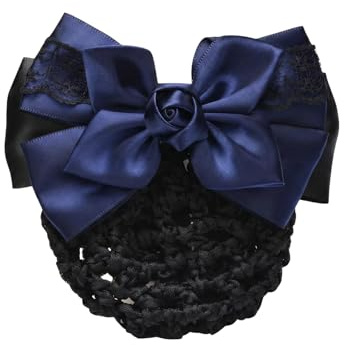 Haarknoten-Abdeckung für Damen, Haarnetz, Schleife, Dekoration, Satin-Schleife, Haarspange, französische Haarspange, Schleife, Blumen-Haarschmuck für Banken, Hotels, Restaurant-Mitarbeiter (blau)