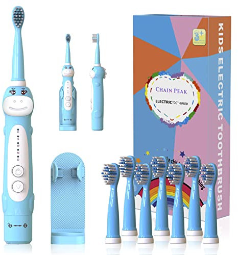 Spazzolino da denti con dinosauro, spazzolino elettrico Sonic per bambini, ragazzi e ragazze dai 3 ai 12 anni, promemoria 30 secondi, timer 2 minuti, 5 modalità, 8 testine, ricaricabile