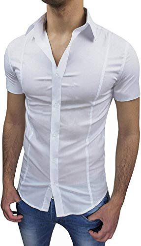Evoga Camicia Uomo Slim Fit a Maniche Corte Aderente Elasticizzata (XXL, Bianca)