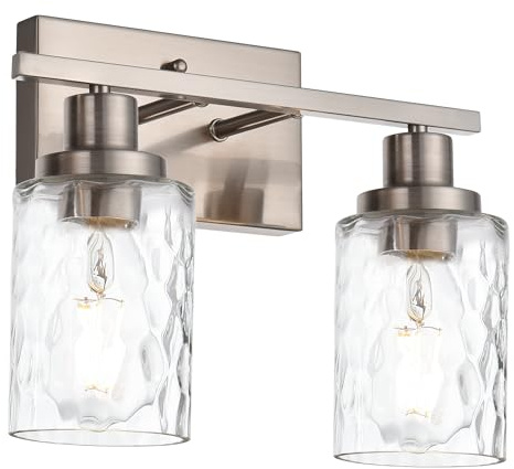 MELUCEE Indoor Wall Sconces Brushed Nickel with Clear Hammered Glass, 2-Light Modern Bathroom Vanity Light Wall Mount Lamp for Mirror Cabinets Powder Room Dressing Table (Patent No.: US D963914 S)