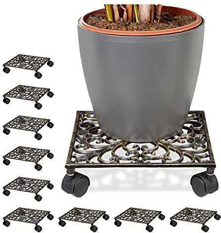 Relaxdays Pflanzenroller Gusseisen, Blumentopfuntersetzer aus Metall, Blumenroller im antiken Design, wetterfest, Bronze