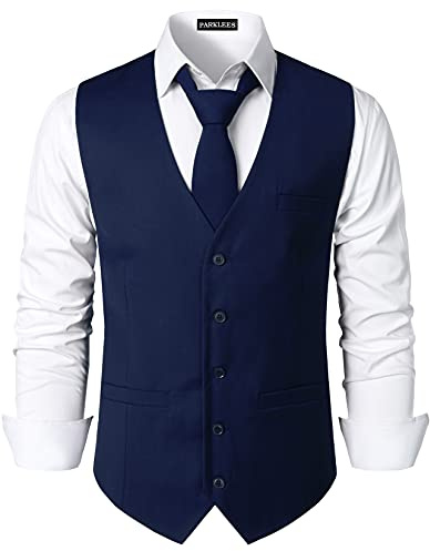 PARKLEES Gilet de costume smoking habillé pour homme, style hipster, design urbain, affaires, formel, coupe ajustée, bleu marine, L
