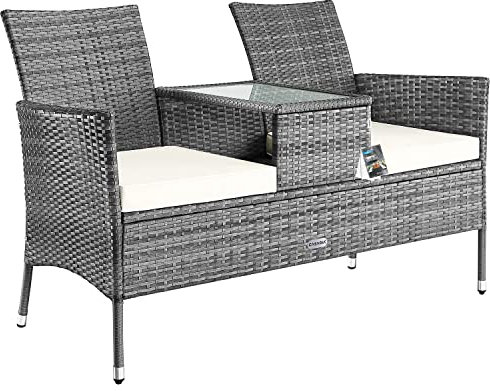 Casaria® Gartenbank Sitzbank inkl. Auflagen Wetterfest Polyrattan 320kg Belastbar Tisch Ablage UV-beständig Garten Balkon Bank 2-Sitzer 143x55cm Grau