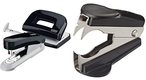Novus Schreibtisch Set (Heftgerät E 15 mit Locher E 210, inkl. 1000 Heftklammern No. 10) schwarz & Rapid Entklammerer C2 (Metall) schwarz