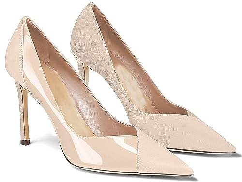 Coutgo Womens Pointed Toe High Heels Pumps Patent Suede Stiletto Heel Slip on Office Party Wedding Dress Shoes Nude