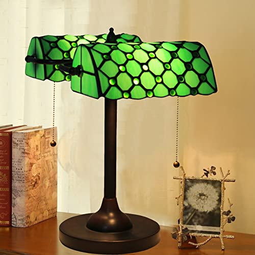 AIBOTY Green Bankers Lampe Vintage Tischlampe Retro Schreibtischleuchte Tiffany Buntglas Büro Schreibtischlampe Kristallperlen Lampe Wohnzimmer Schlafzimmer Nachttisch Lesen Klavier Lampe,H