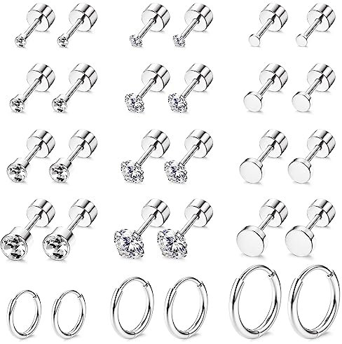 JeweBella 15 Paar Kleine Ohrringe Damen Set Silber/Gold Edelstahl Winzige Ohrstecker Flach Creolen Set für Mehrere Piercings Knorpel Creolen Ohrstecker