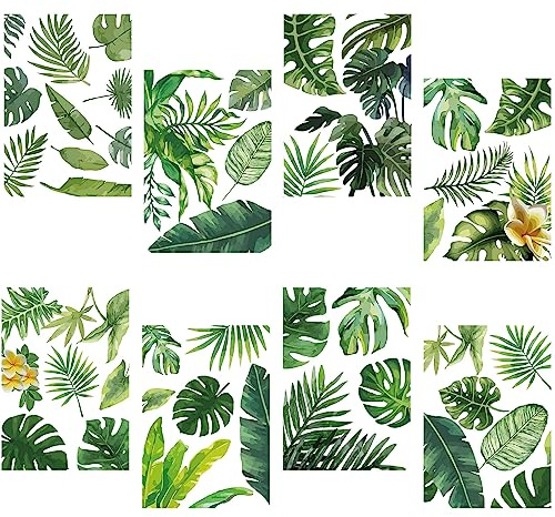 CRASPIRE 8 Sheets Green Leaf Window Stickers Tropical Leaves PVC Waterproof Self Adhesive Summer Wall Decals Natural Palm Plant Rectangle Removable for Stairway Home Decoration TV Wall Art