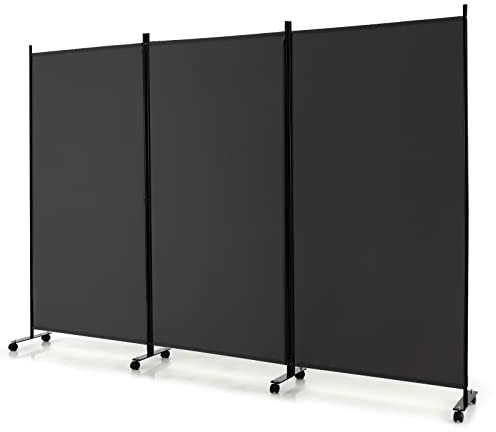 CASART Folding Room Dividers, 3/4 Panels Movable Protective Privacy Screens with Lockable Wheels, Steel Frame Portable Fabric Screen Room Partition for Home Office (3 Panels-260x30x180 cm, Grey)