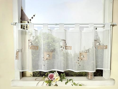 Devola Transparent Scheibengardinen mit Kaffeemotiv Cáfe Gardinen Küchen Bistrogardinen Modern Kurzstores Gardinen mit Schlaufen HxB 45x90cm Weiß 1 Stück