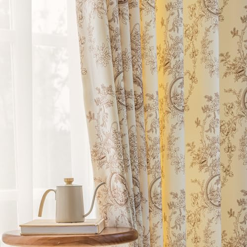 SUOUO Chenille-Vorhänge mit Blumenmuster, 213 cm lang, Bedruckt, Vintage, viktorianisches Dekor, lichtfilternd, Fenstervorhänge für Schlafzimmer, Esszimmer, 2 Paneele, Kaffee