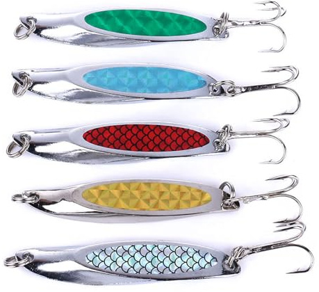 5Pcs Useful Wedge Fishing Sea Trout Lures Sequins Spinner Hard Baits Metal Fishing Spoons Lure Baits Stripes Hard Fall Pitch FishLures for Saltwater