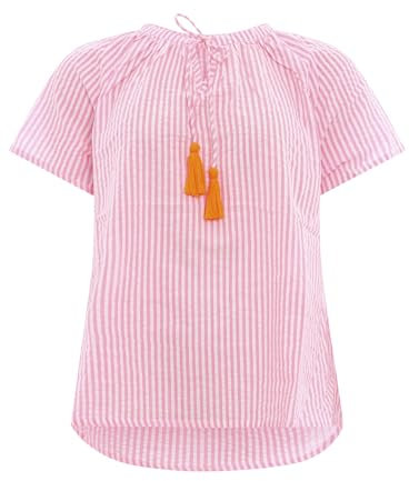Zwillingsherz Baumwoll Bluse für Damen Frauen Mädchen - Hochwertiges Kurzarm Oberteil Top Shirt Hemd - Kordel mit Tasseln Streifen - Frühling Sommer