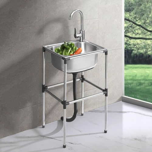 Edelstahl Küchen Spülbecken Einzelbecken Waschbecken Freistehende camping spülbecken Garten Spüle Außenspüle Restaurant Spültisch Multifunktion waschtisch mit Wasserhahn (37x31x60cm)
