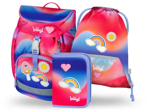 Baagl Schulranzen Mädchen Airy Schultasche Set 3-Teilig - Hippie | Der Grundschule Schulrucksack für Kinder und Tornister für 1. Klasse und Ranzen für Schule gewährleistet maximale Sicherheit.