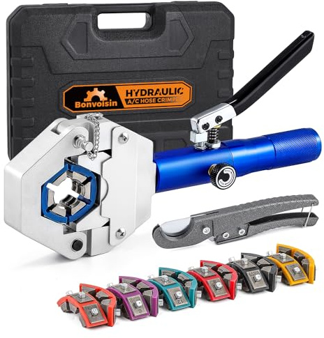 Bonvoisin Crimpadora de Manguera Hidráulica A/C, Rango de Mangueras de 3/8- 7/8, 7 Juegos de Moldes, con Cortador de Tuberías, para Reparar Tuberías de Aire Acondicionado
