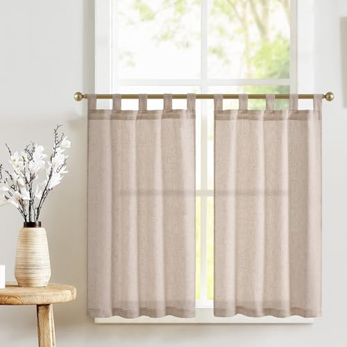 TOPICK Scheibengardinen mit Schlaufen Bistrogardine 2er Set H60xB65 Braun | Blickdicht Küchenvorhänge Leinenoptik Lichtdurchlässig Kurzgardine Küchfenster landhausstil küchengardine fenstergardinen